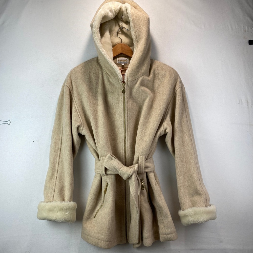 VTG Lorovi Hooded Faux Fur Trim Wool Belted Coat Womens M Beige Made in USA Zip